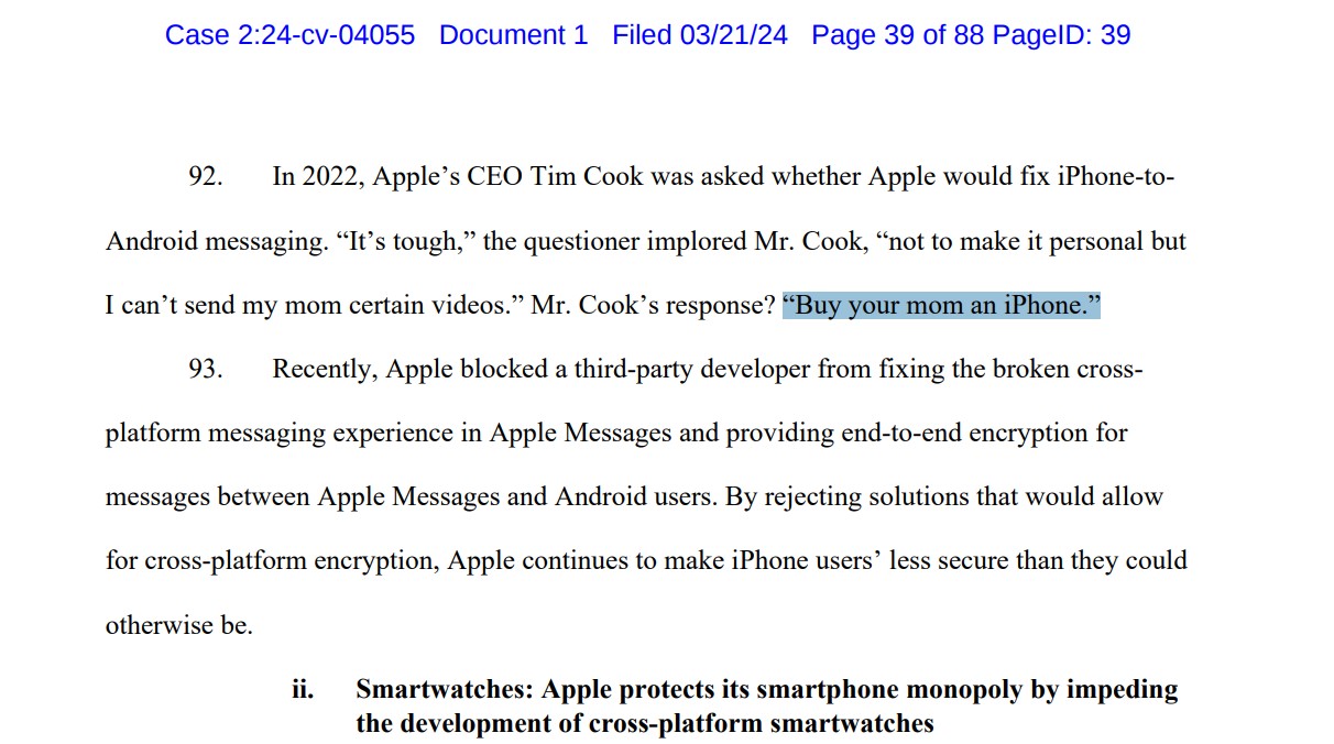 Câu nói nổi tiếng của Tim Cook được đưa vào tài liệu chống Apple