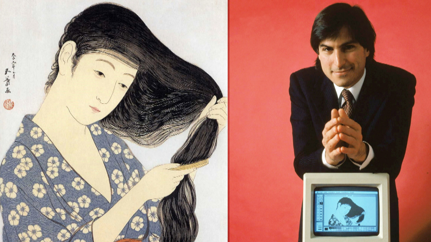 Bản in khắc gỗ 'Người phụ nữ chải tóc' của Hashiguchi Goyo xuất hiện trên màn hình chiếc Macintosh được Steve Jobs giới thiệu với công chúng. Ảnh: APT