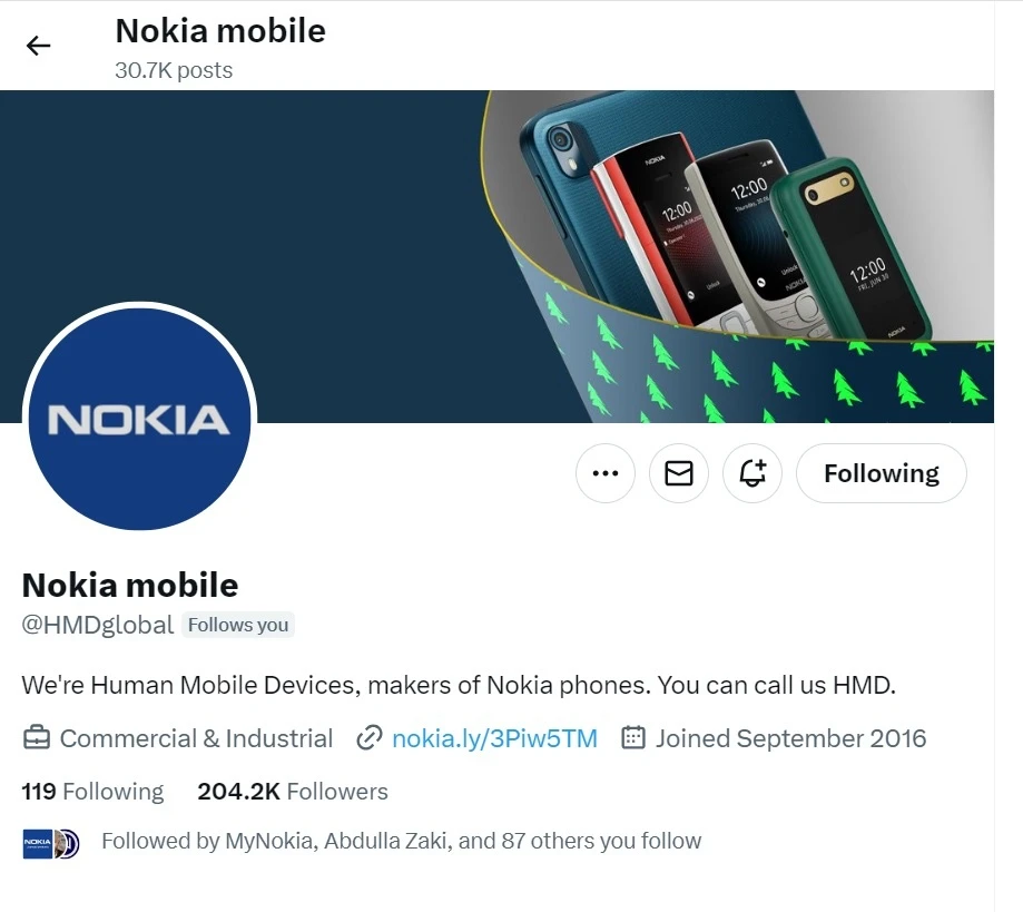 Tài khoản X của thương hiệu smartphone Nokia đã đổi tên thành @HMDglobal.